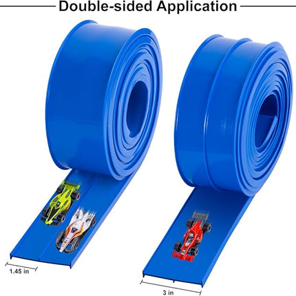 15 Ft Flexible Race Car Track for Kids, Double-Sided Racetrack for 1:64 Diecast Cars Toys, Rolls Up Portable Race Tracks with 4 Car & Suction Cups, Birthday Gifts for Boys Girls Ages 3-5 5-7, Blue