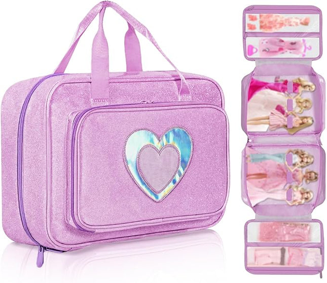 Carrying Case Compatible with Barbie Dolls 12-Inch, Storage Organizer with Handle Holds up to 6 Dolls,Multiple Pockets for Accessories,Toy Storage Box, lavender,Bag Only