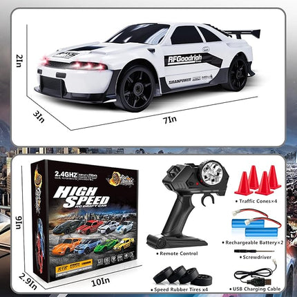 Remote Control Car RC Drift Car 2.4GHz 1:24 4WD 15KM/H High Speed Racing Sport Car with LED Lights Drifting Tire Racing Sport Toy for Adults Boys Girls Kids Gift 2Pcs Rechargeable Batteries