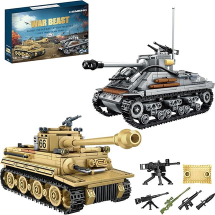 WW2 2 in 1 Army Tank Building Blocks Kit Create an American M4 Sherman & a German Tiger Tank Military Toy Sets Birthday for Age 6+ Children Teens Adults 1184 Pieces