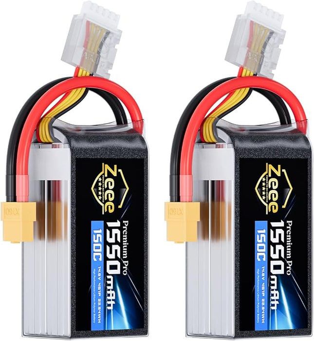 Zeee Premium Pro 1550mAh 4S Lipo Battery 14.8V 150C Ultra-Low IR Soft Pack RC Battery with XT60 Plug for FPV Drone Quadcopter Racing Helicopter Airplane RC Boat RC Car RC Models(2 Pack)