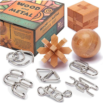 LESONG Brain Teasers Metal and Wooden Puzzles for Kids and Adults 9 Pack, Mind, IQ, and Logic Test and Handheld Disentanglement Games, 3D Coil Cast Wire Chain and Durable Wood Educational Toys