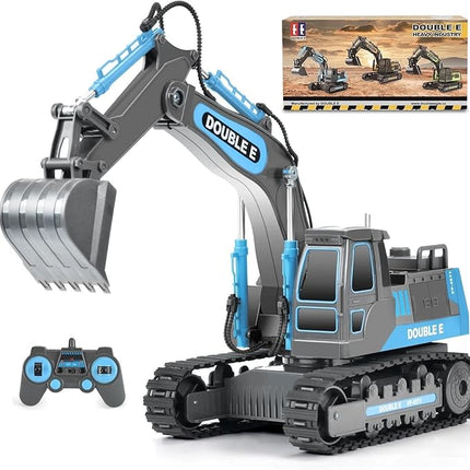DOUBLE E Remote Control Excavator Toy RC Excavators Rechargeable Battery Digger Hydraulic Construction Toys Vehicles Xmas Gift for Boys Girls Kids 3-14 Years，Gray-Blue