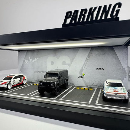 1/64 Model Car Display Case - Compatible with Hot Wheels Matchbox Mini GT Diecast Cars,Acrylic Box for Toy Cars Display Décor and Storage,Stackable Garage Diorama with LED Lights(1T-86)