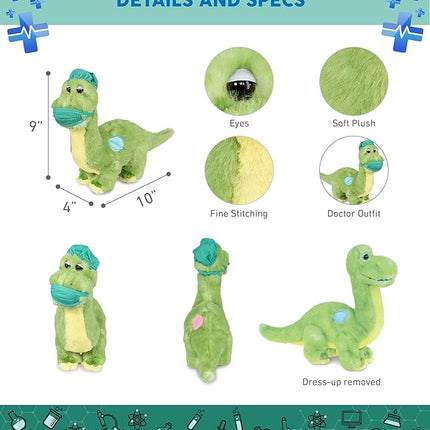 DolliBu Green Dinosaur Doctor Plush Toy - Super Soft Dinosaur Doctor Stuffed Animal Dress Up with Cute Face Mask and Cap Outfit - Gift for Doctor, Nurse, Surgeon - 10 Inch