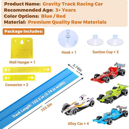15 Ft Flexible Race Car Track, Portable Dual-Sided Race Car Track with 4 Cars & Suction Cups, Compatible with Hot Wheels & 1/64 Diecast Cars, Kids’ Car Ramp & Race Track (Blue)