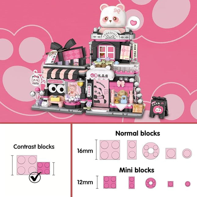 Cute Panda Mini Building Blocks Set, 938PCS MOC Mini Architecture Building Kits with Gift Shop Street View Design - STEM Educational Construction Gift for Girls Boys Kids Adults