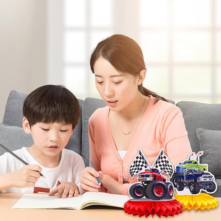 8 Pcs Hot Wheels Birthday Decorations, Cars Happy Birthday Decorations Set Table Centerpiece for Cars Themed Honeycomb Centerpiece