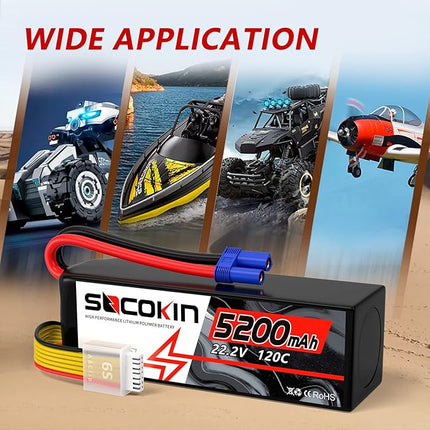 6S 5200mAh Lipo Battery 22.2V Lipo RC Battery with EC5 Connector Plug Soft Case for RC Car Airplane Quadcopter Helicopter Truck Boat Hobby (2 Packs)