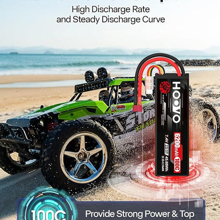 HOOVO 2S Lipo Battery,7.4V 6200mAh 100C LiPo Battery RC Pack Hard Case with T Plug Compatible with RC Buggy Vehicles Car Boat Truck, 2 Pack