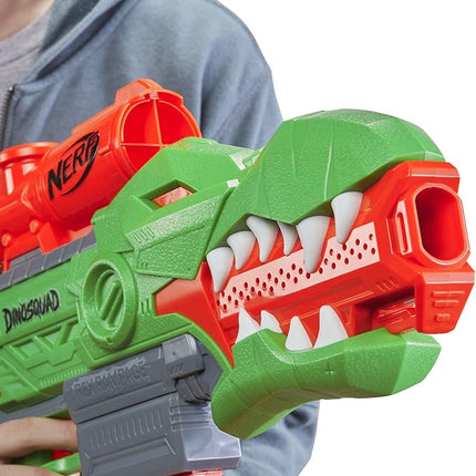 Nerf DinoSquad Rex-Rampage Motorized Dart Blaster, 10-Dart Clip, 20 Official Darts, 10-Dart Storage- T-Rex Dinosaur Design, Red