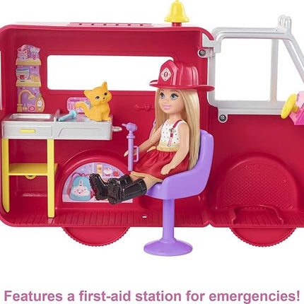 Barbie Chelsea Can Be Doll & Toy Fire Truck Playset with Blonde Small Doll, 2 Pets & 15+ Acessories, Open for Fire Station
