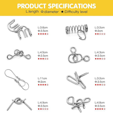 Metal Wire Puzzle 16-Piece Set with Pouch – IQ Test Brain Teaser Disentanglement Chinese Ring Fidget Toy for Kids & Adults – Portable Party Favor