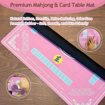 Mahjong Mat for Table - Non-Slip Foldable Felt Mat with Dice, Poker Chips & 4xRule Guides - Portable Mah Jongg Mat Playing for Chinese & American Mahjong/Poker/Board/Card Games/Dominoes