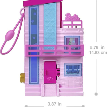 Polly Pocket Barbie Dreamhouse Compact, Dollhouse Playset with 3 Micro Dolls, 1 Puppy, 11 Accessories, Elevator & Pool