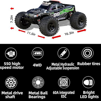 1:10 Large Brush RC Car for Adults, Fast Remote Control Car, 28+ MPH Rc Hobby Truck with Headlights, All Terrain 2.4 Ghz Electric Hobby Rc Cars, 4WD Off Road Monster Truck for Adults-Green