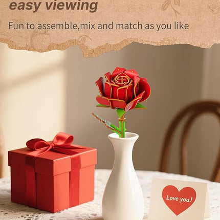 3D Red Rose Wooden Puzzles for Adults, DIY Wooden Flower Craft Kit, Artificial Flowers Model Kit to Assemble for Adults.(3.3 * 3.5 * 8.6in 73PCS)