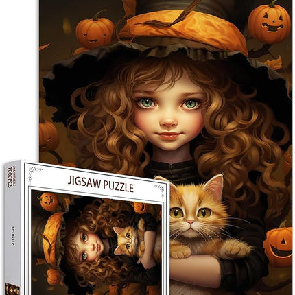 Halloween Pumpkin Girl Jigsaw Puzzle Curly Brown Hair Doll Holding Cat 1000 Piece Jigsaw Puzzles for Adults Home Decor Family Puzzle Perfect for Game Nights Ideal Gift 20 x 27 Inch