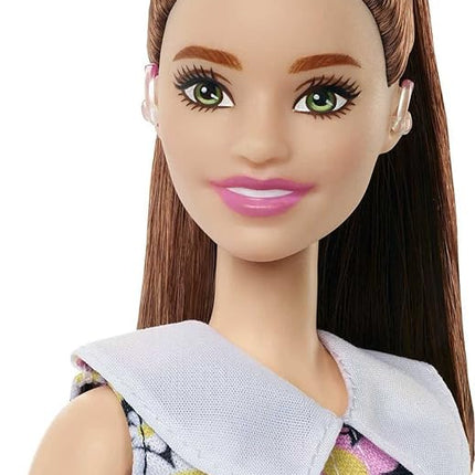 Barbie Fashionistas Doll #187 with Behind-the-Ear Hearing Aids, Brunette Ponytail, Shift Dress & Pink Boots