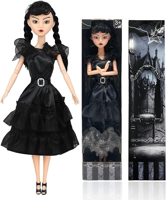 11.5'' Addams Doll, Black Dress, High Heels, and Hair, Christmas Decoration Perfect ChristmasToy Gift for Girls & Fans (B1)