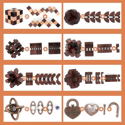 8 Pcs Brain Teaser Puzzles for Adults Teens - Metal Puzzles 3D Puzzle Game Toys for Adults Teens - Wooden Unlock Interlocking Puzzle Adult IQ Education Smart Toys