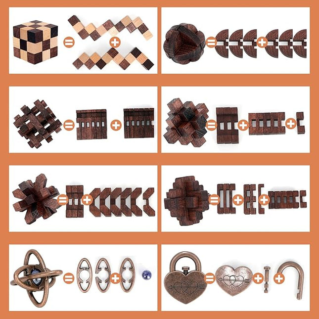 8 Pcs Brain Teaser Puzzles for Adults Teens - Metal Puzzles 3D Puzzle Game Toys for Adults Teens - Wooden Unlock Interlocking Puzzle Adult IQ Education Smart Toys