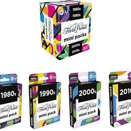 GAMES (EXCL. MONOPOLY) Trivial Pursuit Mini Packs Multipack, Fun Trivia Questions for Adults and Teens Ages 16+, Includes 4 Game Featuring 4 Decades