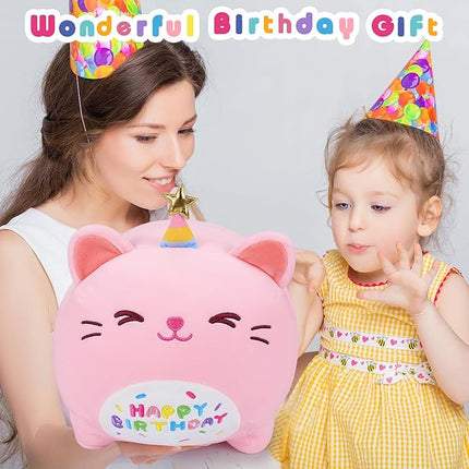 Auspicious beginning Pink Birthday Cat Plush Stuffed Animals-Gifts for Girlfriend, 16'' Pink Plush Pillow, Kawaii Plushies Kitten Body Pillow Cat Plushie, Kitten Plush Pillow Kids