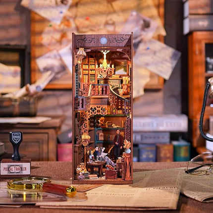 Tonecheer DIY Book Nook Kit for Adults, Wooden 3D Puzzle Bookend Bookshelf Insert Decor, Detective Booknook Miniature House Kit with Dust Cover and Body Motion Sensor LED (Violin Detective Agency)