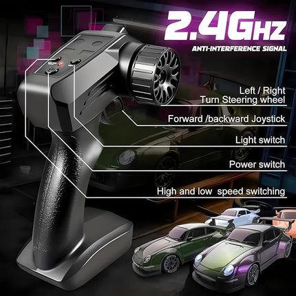1:24 Scale RC Drift Car with Proportional Tuning & Gyro Control – 25km/h 4WD High Speed, Dual Batteries 50+ Min Play, 2.4GHz Remote – Multi-Surface Drift Tires + LED Lights Storm Drive