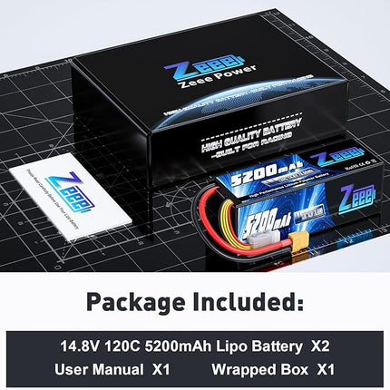 Zeee 4S Lipo Battery 5200mAh 14.8V 120C Hard Case RC Battery with XT60 Plug for RC Car Truck Vehicles RC Buggy Truggy 1/10 Scale Racing Crawler Monster RC Hobby Models(2 Pack)