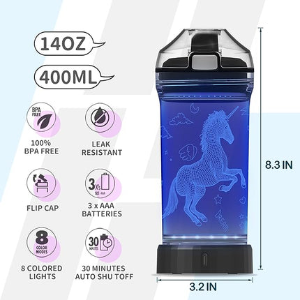 Unicorn Gifts for Girls, Light Up 3D Unicorn Water Bottle, 14oz Tritan BPA Free - Kids Drinking Cup - Christmas Holiday