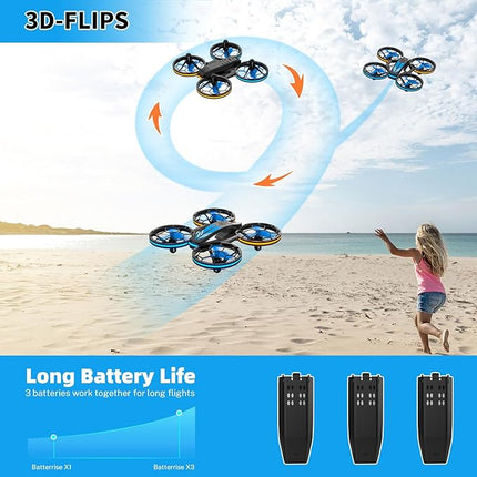 Mini Drones for Kids - RC Drone with Auto Hovering and Headless Mode, Quadcopter with LED Light, Propeller Full Protect, 3D Flips, 3 Batteries, Remote Control, Best Toys Gifts