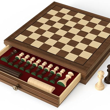 Premium Natural Walnut 13" x 13" Magnetic Wooden Chess Set with 1 Built-in Storage Drawers - 2 Bonus Extra Queens - 24 Checkers Pieces - Staunton Chess Pieces, Board Games Chess Sets