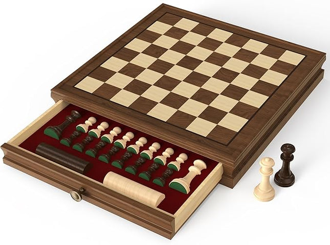 Premium Natural Walnut 13" x 13" Magnetic Wooden Chess Set with 1 Built-in Storage Drawers - 2 Bonus Extra Queens - 24 Checkers Pieces - Staunton Chess Pieces, Board Games Chess Sets