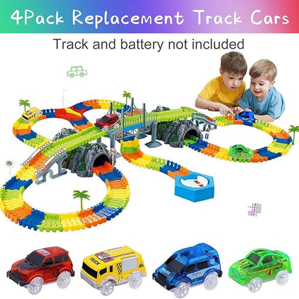 Tracks Cars 4PCS Magic LED Light-up Track Car Replacement Only,Flex Race Cars Glow in The Dark with 5 Flashing LED Lights Fits Most Tracks,Perfect Car Toys for 3-8 Kids,Boys&Girls