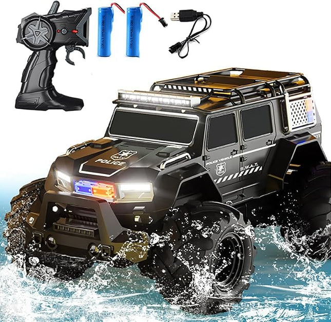 Amphibious Remote Control Car Waterproof Monster RC Cars 4WD All Terrain Off-Road Stunt Vehicle Toys with 2.4 GHz LED Lights for 6 7 8 9 10 11 12+ Year Old Kids Boys Girls Gifts Presents (Black)