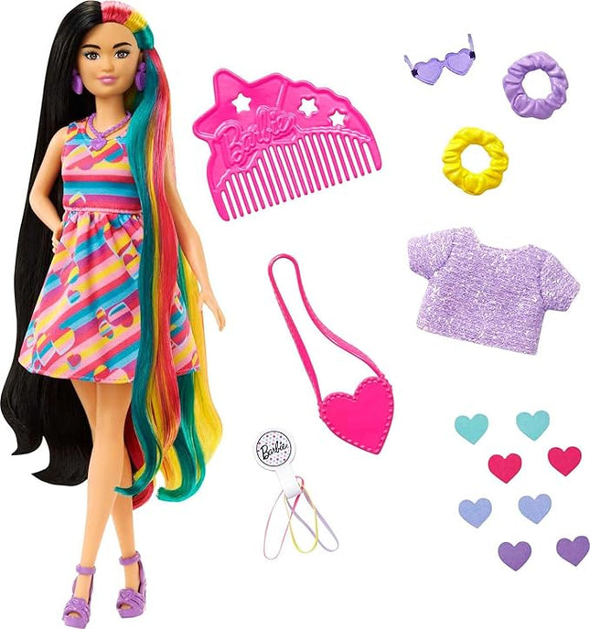 Barbie Totally Hair Doll, Heart-Themed with 8.5-inch Fantasy Hair & 15 Styling Accessories (8 with Color-Change Feature)