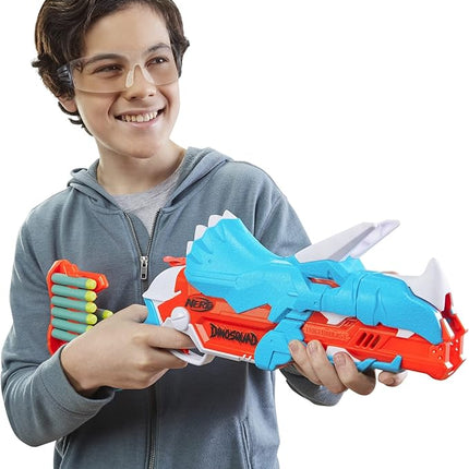 Nerf DinoSquad Tricera-Blast Dart Blaster, 12 Nerf Elite Darts, Kids Outdoor Toys, Dinosaur Toys for 8 Year Old Boys and Girls and Up, Triceratops Design