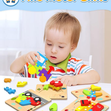 Yetonamr Wooden Toddler Puzzles Gifts Toys for Boys Girls, 4 Vehicle Shape Montessori Toy Educational Blocks Kids Toys Gift Baby Learning Toy