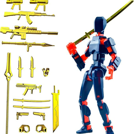 Assembly Completed T13 3D Printed Action Figures,Dummy 13 Robot 13 Movable N13 Action Figure, Lucky 13 Gift for Collectors Desktop Decorations for Game Lovers Toy (Metallic Orange + Metallic Weapon)