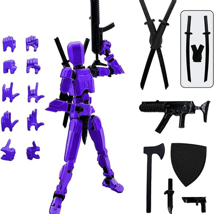 (Assembly Completed) 3D Printed Figure 5.54-inch Dummy13 with Weapon Expansion Set and Bracket, Full Body Mechanical Movable Toy, Desk Decoration. (Purple)