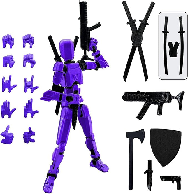 (Assembly Completed) 3D Printed Figure 5.54-inch Dummy13 with Weapon Expansion Set and Bracket, Full Body Mechanical Movable Toy, Desk Decoration. (Purple)