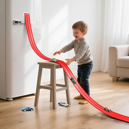KETIEE Flex Tracks 16Ft for Kids: Flexible Race Car Ramp Track with 4 Small Racecars and 8 Suction Cups Compatible with Hot Wheels and Diecast 1/64th Cars, Rolls Up Portable Racetrack for Ages 3 & Up