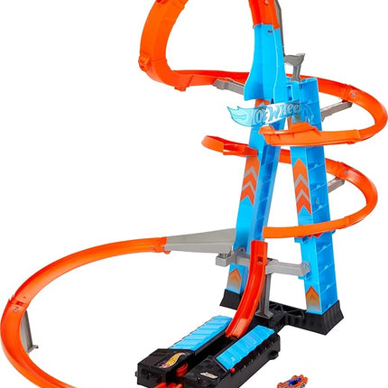 Hot Wheels Sky Crash Tower Track Set, 2.5+ ft / 83 cm High with Motorized Booster, Orange Track & 1 Hot Wheels Vehicle, Race Multiple Cars, Gift for Kids 5 to 10 Years Old & Up