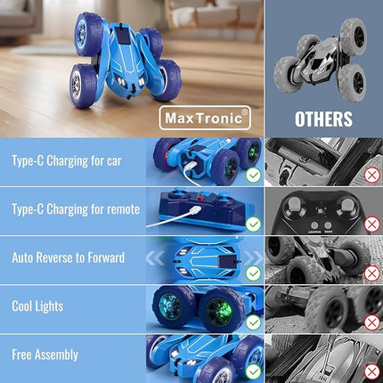 MaxTronic Remote Control Car, Rechargeable RC Cars & Remote - 20km/h Double Sided 360° Rotation Stunt Stunt Crawler with LED Lights for Boys Girls Aged 3-12