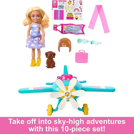 Barbie Chelsea Can Be Doll & Plane Playset, 2-Seater Aircraft with Spinning Daisy Propellor & 7 Accessories, Includes Pet Puppy & Stickers