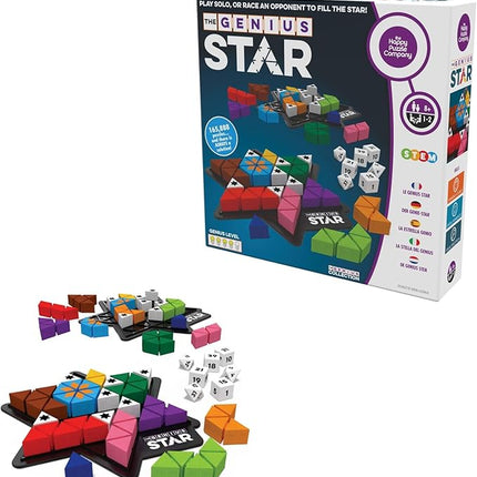 The Happy Puzzle Company The Genius Star | Toy of The Year Award Winning Family Board Game | 165,888 Possible Puzzles | Filling in Colored Shapes | Blockers to Complete A Star | Golden Star Twist