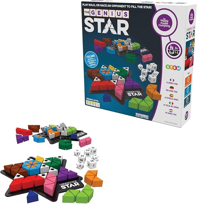 The Happy Puzzle Company The Genius Star | Toy of The Year Award Winning Family Board Game | 165,888 Possible Puzzles | Filling in Colored Shapes | Blockers to Complete A Star | Golden Star Twist