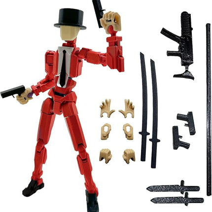 3D Printed 5.54-inch Multi-Jointed Action Figures Dummy13, Full Body Mechanical Movable Toy, Multiple Accessories, Hand Painted Figure, Desk Decoration, Creative Gifts (Y-Red Gentleman)